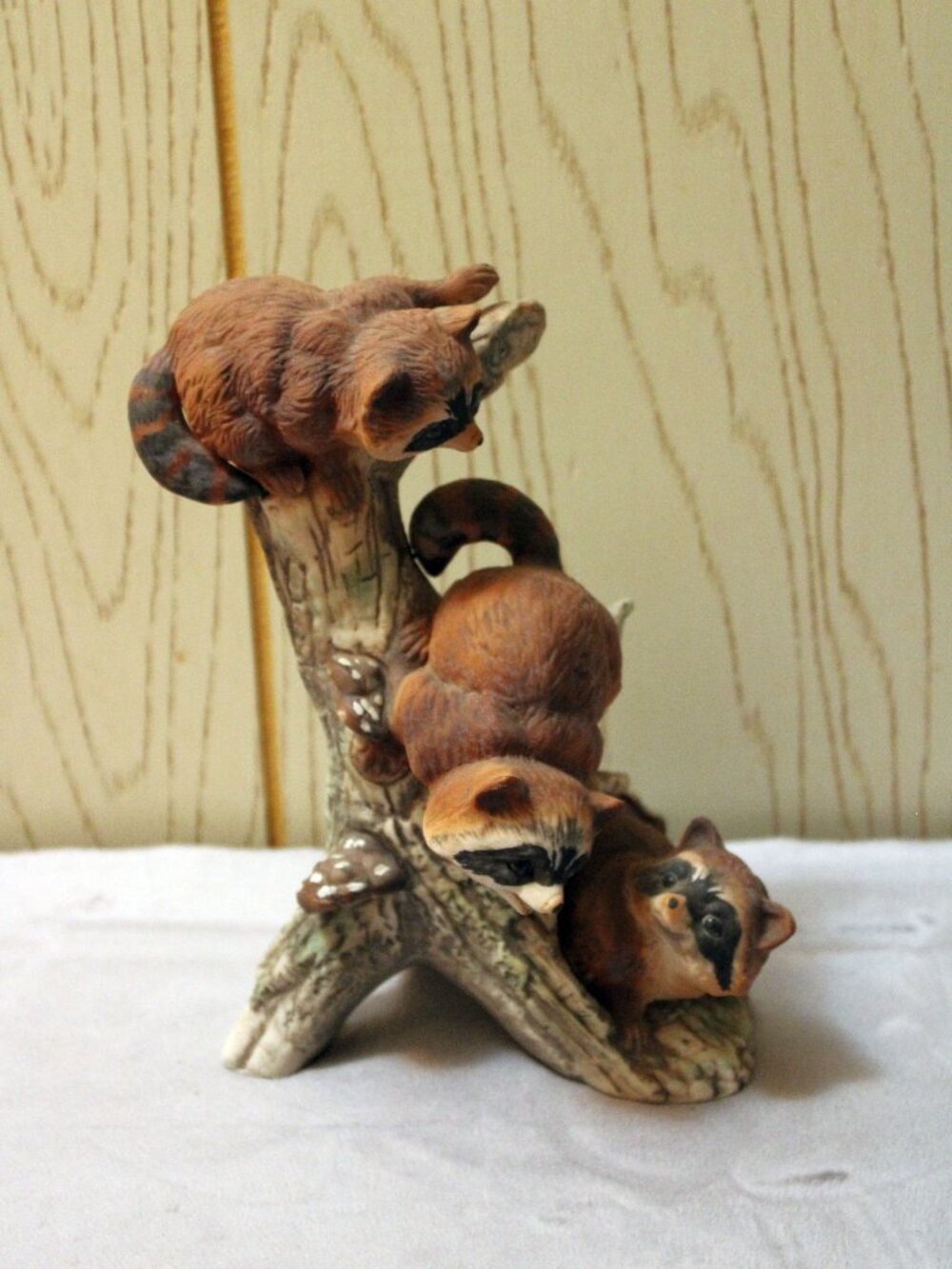 Homco Masterpiece Porcelain Raccoons Figurine Playing on Log - Vintage